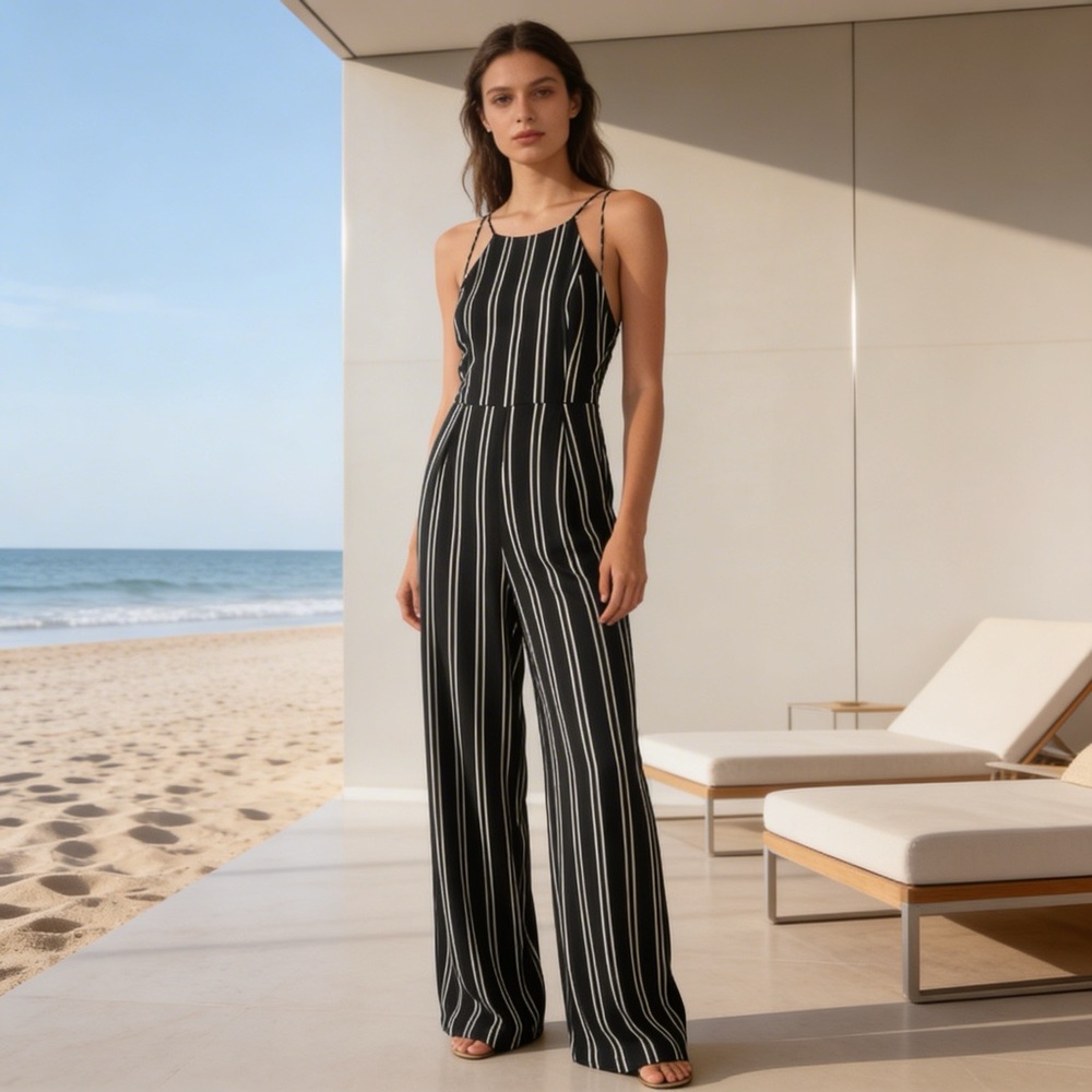 HYFVE Black and White Striped Halter Wide-Leg Jumpsuit